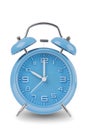 Blue alarm clock with the hands at 10 am or pm isolated on a white background