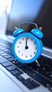 Blue alarm clock on laptop keyboard. Time concept with modern technology and punctuality. Royalty Free Stock Photo