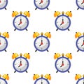 Blue alarm clock seamless pattern isolated on white background. Cartoon style, flat textile design. Vector illustration Royalty Free Stock Photo