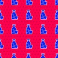 Blue Alcohol drink Rum bottle and glass icon isolated seamless pattern on red background. Vector Royalty Free Stock Photo