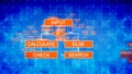 Blue algorithms backdrop with red icons