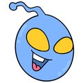 Blue alien head with big yellow eyes laughing happily, doodle icon drawing Royalty Free Stock Photo