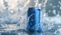 Blue aluminum can with water splash on blue background, refreshing drink concept Royalty Free Stock Photo