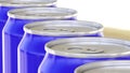 Blue aluminum cans on factory conveyor. Soft drinks or beer industrial production line. Ecologic recycling packaging. 3D Royalty Free Stock Photo