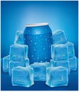 Blue Aluminum Tin Cans in ice cubes with many water drops