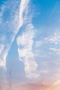 Blue amazing sky with white clouds and traces of the plane, colorful pastel background Royalty Free Stock Photo