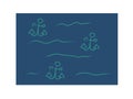 Blue background with anchors and waves, poster. Graphic illustration. Drawn object, modern