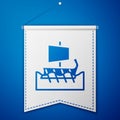 Blue Ancient Greek trireme icon isolated on blue background. White pennant template. Vector