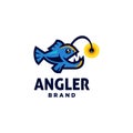 Blue angler fish with bait light cartoon logo, deep fish mascot icon design vector Illustration in sport style.