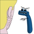 Blue angry razor looks at unshaven face. Isolated cartoon illustration