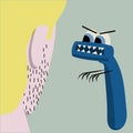 Blue angry razor looks at unshaven face. Isolated illustration