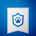 Blue Animal health insurance icon isolated on blue background. Pet protection concept. Dog or cat paw print. White Royalty Free Stock Photo