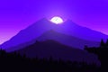 blue animated landscape with mountains and moon Early Morning in wildlife. Nature Art