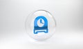 Blue Antique clock icon isolated on grey background. Glass circle button. 3D render illustration