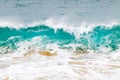 Blue and aquamarine color sea waves and yellow sand  with white foam. Marine beach background. Royalty Free Stock Photo