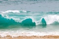 Blue and aquamarine color sea waves and yellow sand  with white foam. Marine beach background. Royalty Free Stock Photo