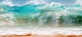 Blue and aquamarine color sea waves and yellow sand  with white foam. Marine beach background. Royalty Free Stock Photo