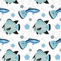 Blue Aquarium Fishes Seamless Pattern in Flat Royalty Free Stock Photo