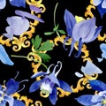 Blue aquilegia floral botanical flowers. Watercolor background illustration set. Seamless background pattern. Royalty Free Stock Photo