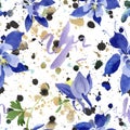 Blue aquilegia floral botanical flowers. Watercolor background illustration set. Seamless background pattern. Royalty Free Stock Photo