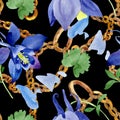 Blue aquilegia floral botanical flowers. Watercolor background illustration set. Seamless background pattern. Royalty Free Stock Photo