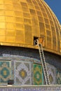 Blue Arabic mosaic tiles and details and ladder on the Dome of the Rock, Temple Mount, Jerusalem. Israel.
