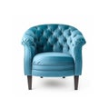 A blue armchair highlighted on a white background. Front view of an accent sofa with a padded back. A classic armchair