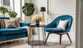 Blue armchair and lamp in the living room. Interior design. AI-generated image