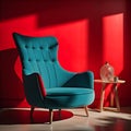 Blue armchair in modern interior with red wall. generative ai Royalty Free Stock Photo