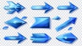 Blue arrow cursors isolated on transparent background. Modern illustration of glossy direction pointer top, side view