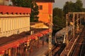 The blue arrow entring in the railway station Royalty Free Stock Photo