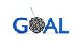 Blue arrow hitting center of goal target on the word goal over white background, success, goal achievement or performance concept Royalty Free Stock Photo