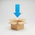 Blue arrow pointing down at open cardboard box isolated on white background Royalty Free Stock Photo