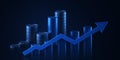 Blue arrow pointing upwards with cylindrical bars and coins on a dark background Royalty Free Stock Photo