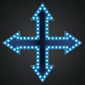 Blue arrow sign with electrical bulbs on black background Royalty Free Stock Photo