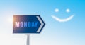 Monday sign against blue sky with happy clouds face. Royalty Free Stock Photo