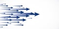 Blue arrows moving dynamically on white gradient background, symbolizing progress, teamwork, and forward movement in design. 3D Royalty Free Stock Photo