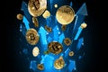 Blue arrows shots up with high velocity as Bitcoin BTC price rises. Cryptocurrency prices grow, high risk - high profits concept