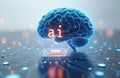 Blue artificial brain graphic with glowing AI text on circuit board background. Digital concept of mind machine interface, neural Royalty Free Stock Photo