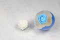 blue artificial rose inside a blue broken egg next to a fake white rose. Happy easter concept. Royalty Free Stock Photo