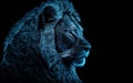 Blue artistic lion on black background. illuminated image of the king of the jungle. Generative AI