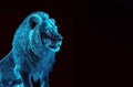 Blue artistic lion on black background. illuminated image of the king of the jungle. Generative AI
