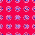 Blue Atom icon isolated seamless pattern on red background. Symbol of science, education, nuclear physics, scientific Royalty Free Stock Photo