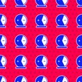 Blue Atom icon isolated seamless pattern on red background. Symbol of science, education, nuclear physics, scientific Royalty Free Stock Photo
