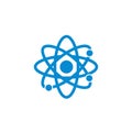 Blue atomic structure symbol featuring a central nucleus with orbits encircling it, Royalty Free Stock Photo