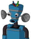 Blue Automaton With Vase Head And Round Mouth And Two Eyes And Wire Hair