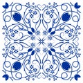 Blue azulejo ceramics tile, folklore patterns in cobalt blue on white background.