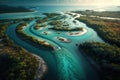 Blue river that flows into the sea, aerial view, illustration ai
