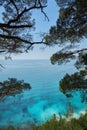 Blue azure sea against a background of white sheer cliffs. Seascape of coastline, beautiful nature, landscape. Tourism travel