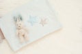 Blue Baby Blanket And Bunny Toy On A White Fur Carpet. Baby Mockup. Newborn Concept. Baby Boy Shower Invitation Royalty Free Stock Photo
